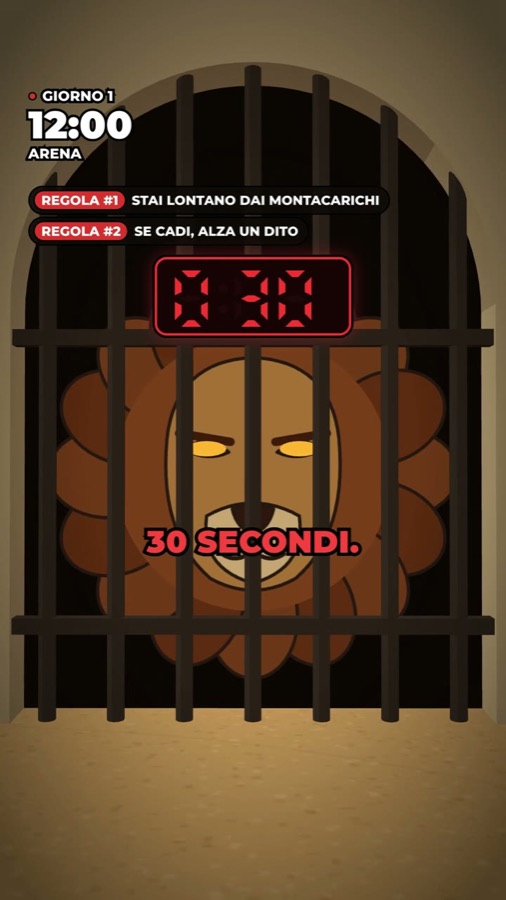 Il leone dietro il cancello, con il timer a 30 secondi